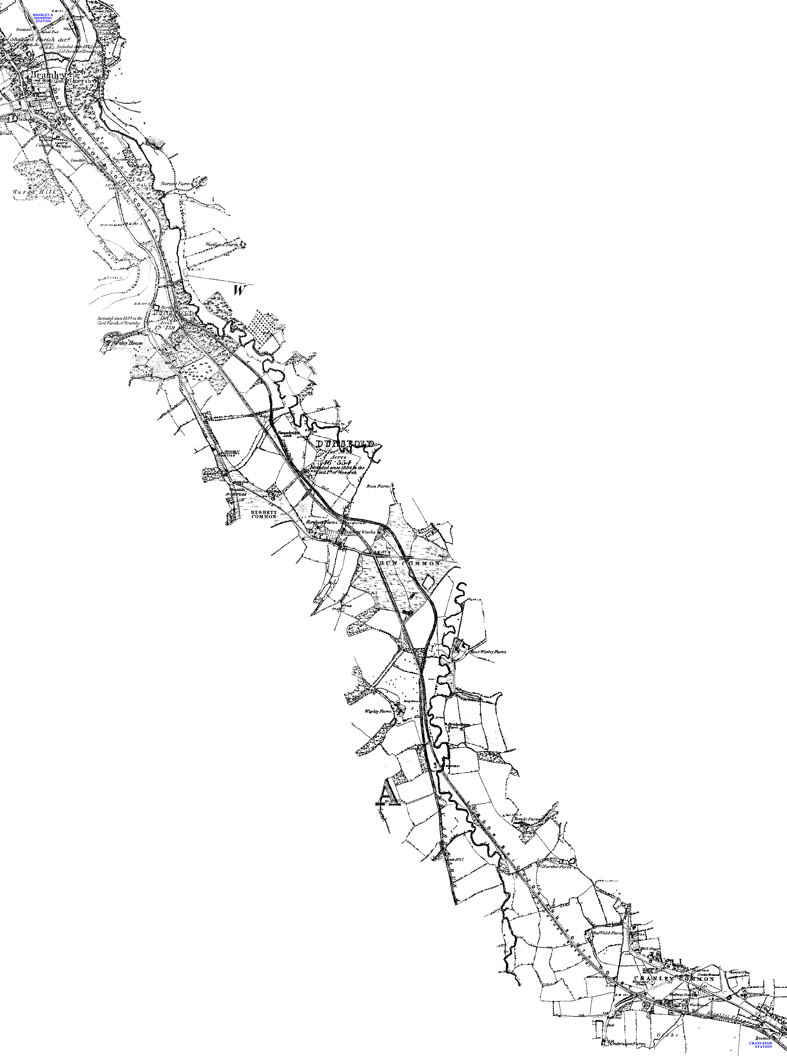 Map of the railway line from Bramley & Wonersh to Cranleigh in the 1800's